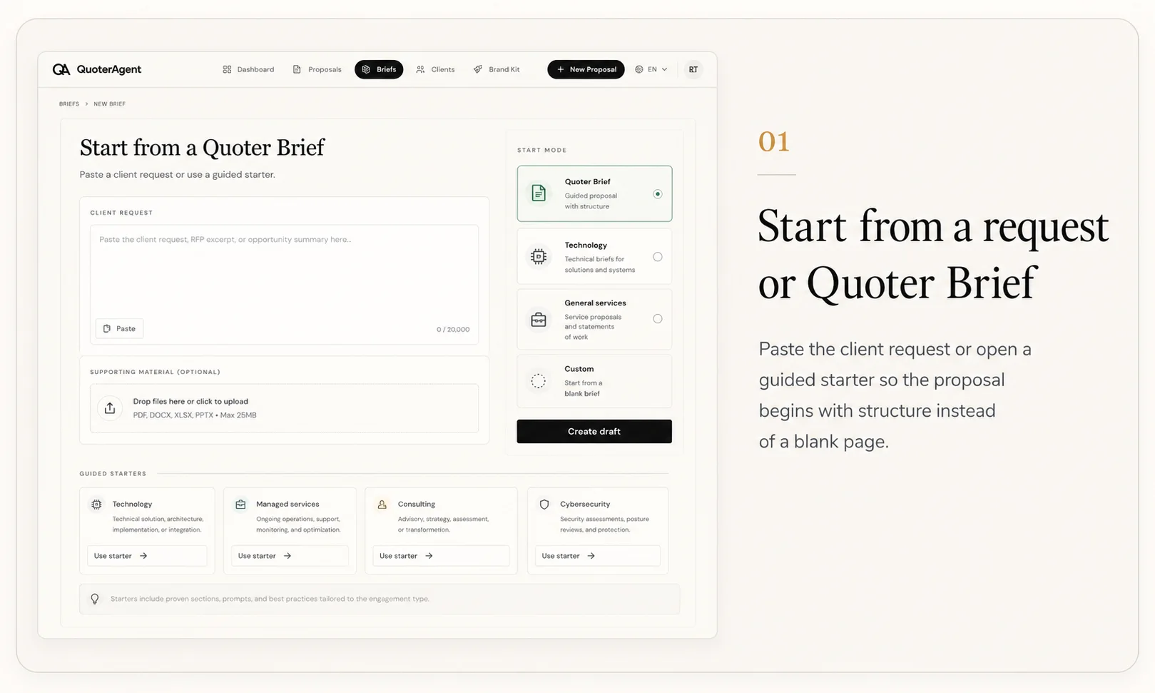 01: QuoterAgent create proposal screen with fictional Northstar Maritime request copied into a Quoter Brief starter.
