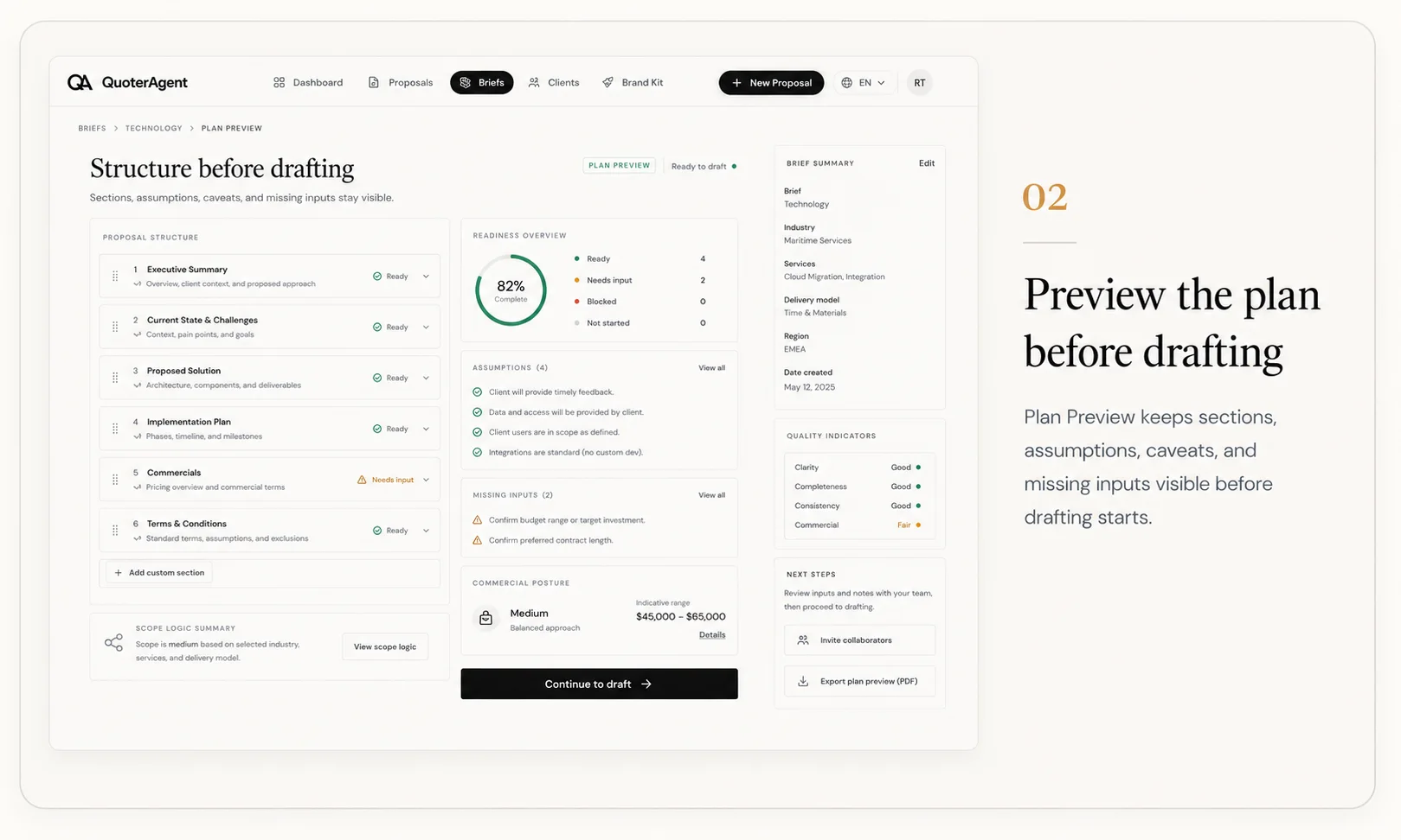 02: QuoterAgent Plan Preview showing proposal sections, assumptions, caveats, and two open missing inputs.
