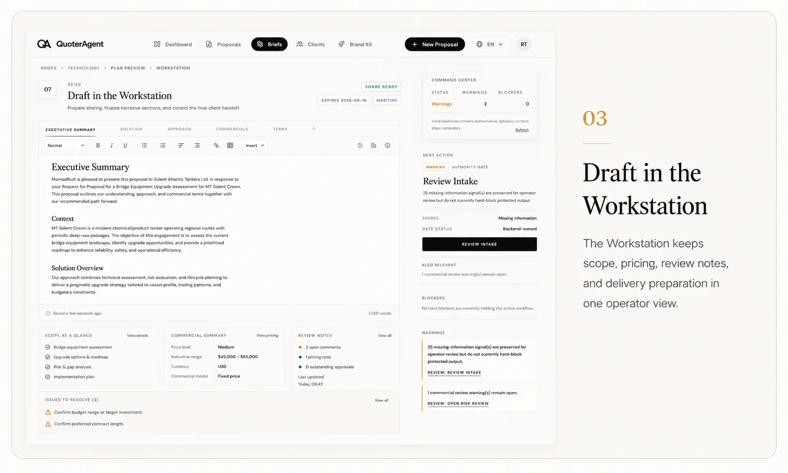 03: QuoterAgent Workstation showing scope, pricing, review checkpoints, PDF export, and client link preparation.