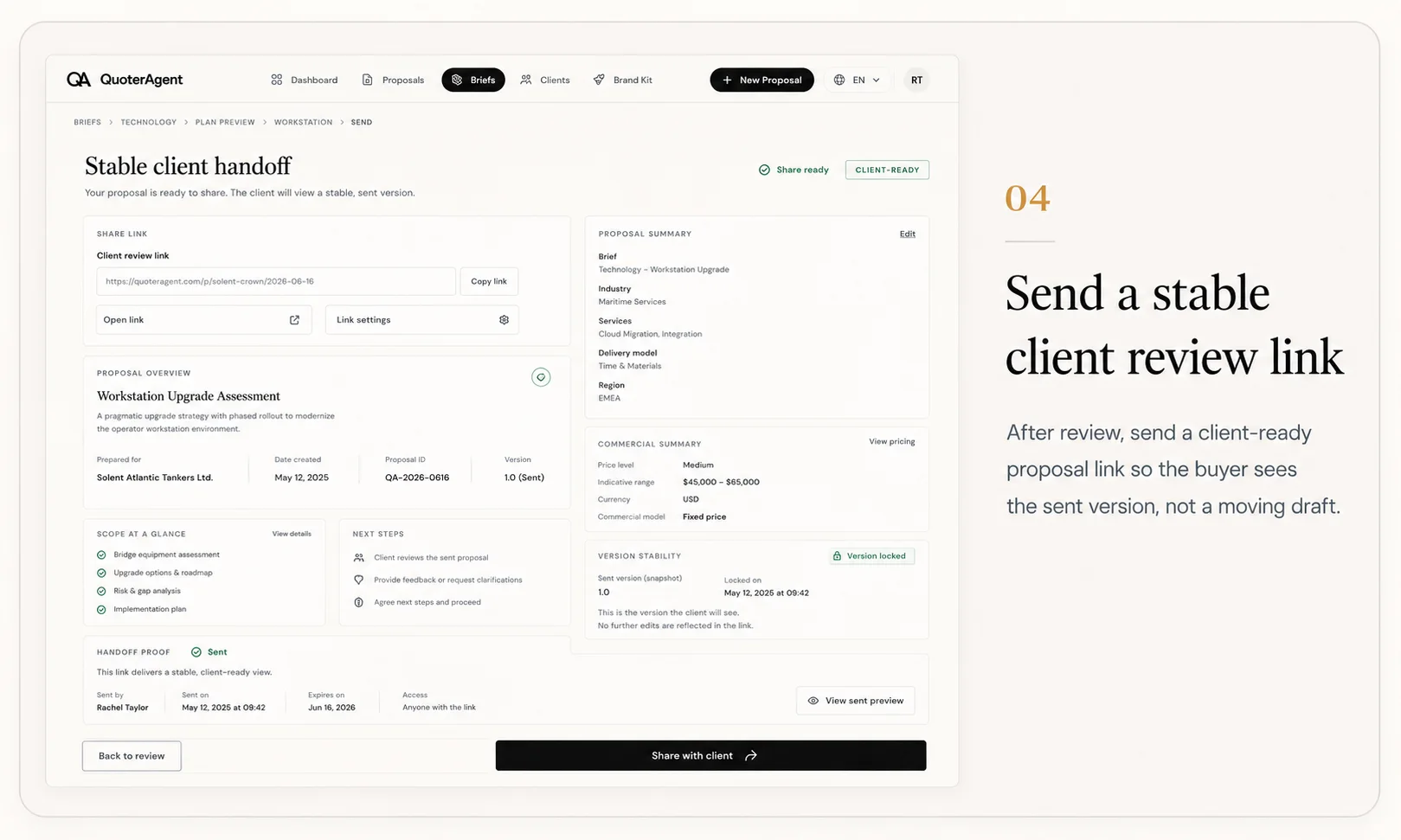 04: QuoterAgent client proposal link view with fictional proposal scope, pricing, and next steps.
