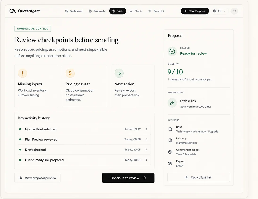 QuoterAgent commercial control view showing missing inputs, pricing caveats, next action, and stable client link context.
